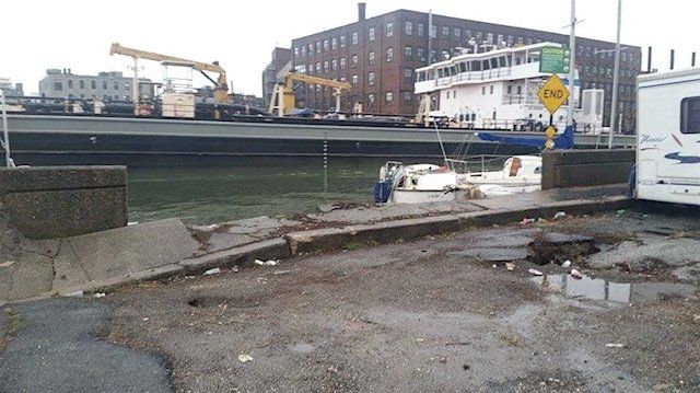 The collapsed bulkhead from the Queens side, Sunday morning<br/>